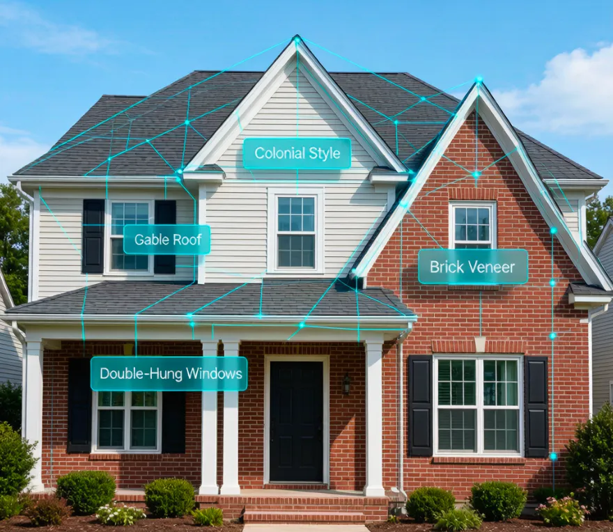 AI home exterior design free tool recognizing Colonial style, gable roof and brick veneer