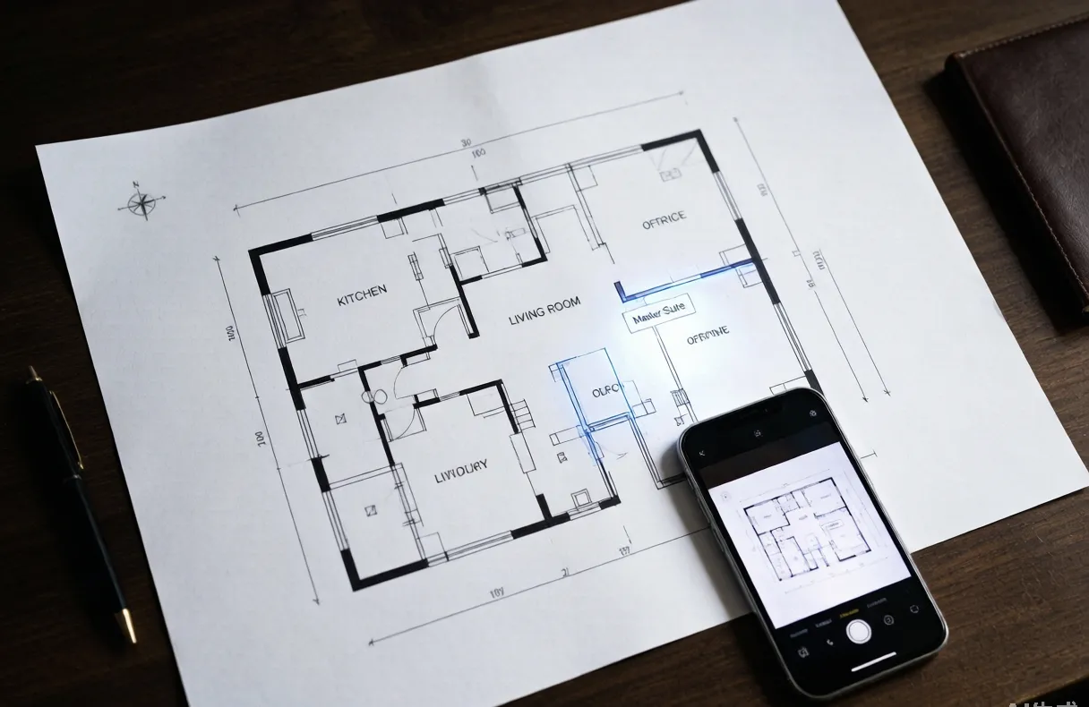 Paper floor plan being digitized with a smartphone camera