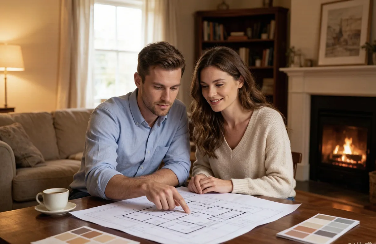 Couple reviewing a floor plan for a home renovation