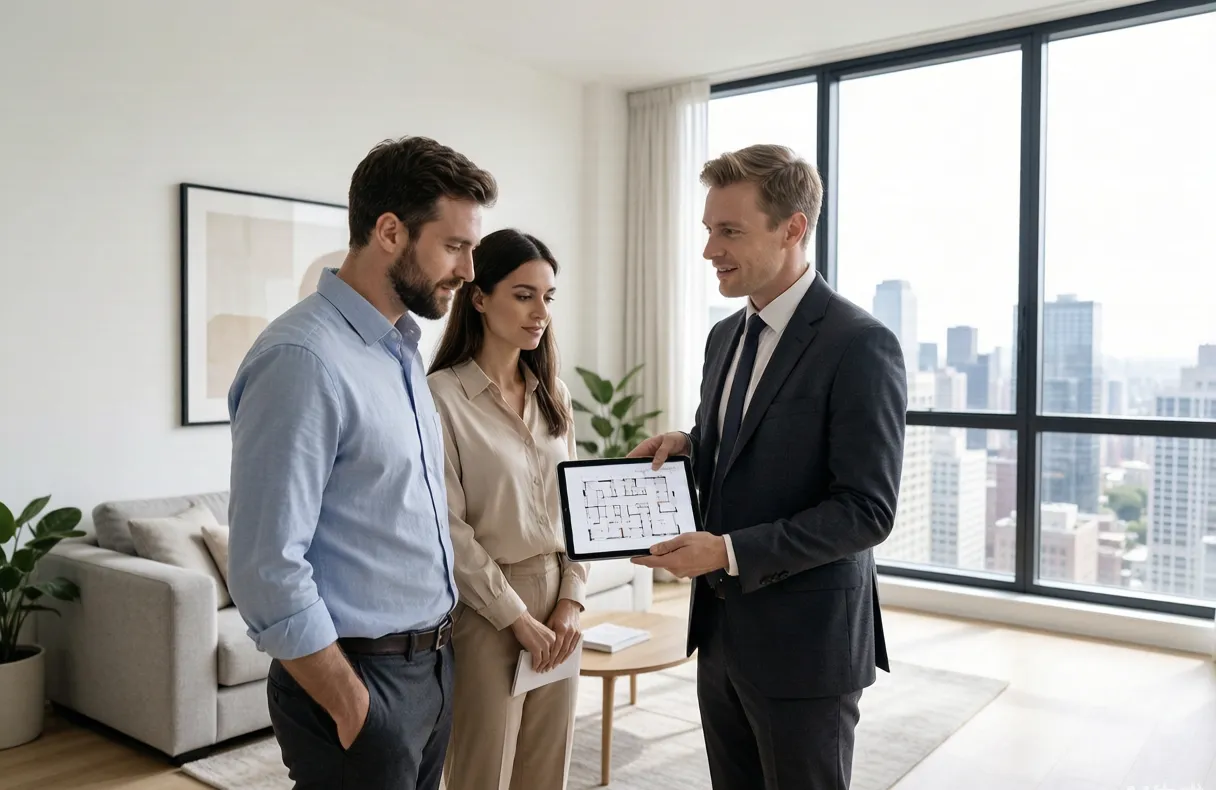 Real estate agent showing a floor plan to clients