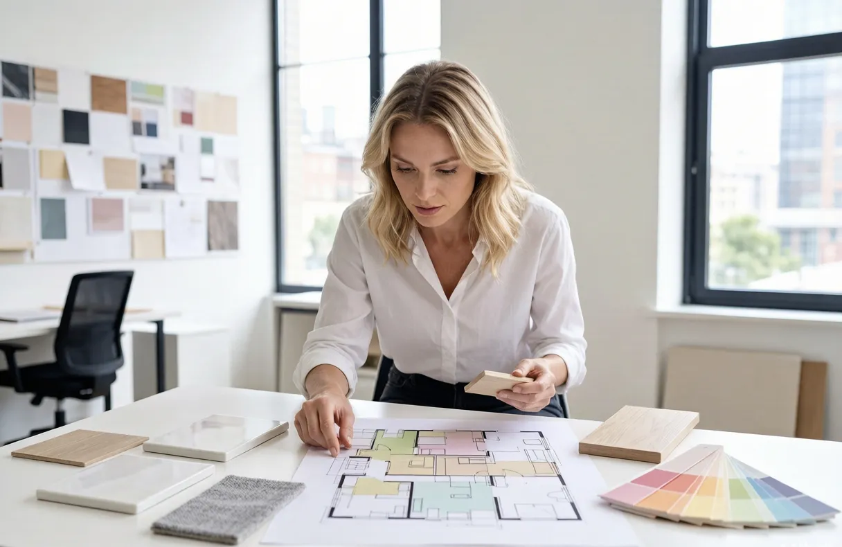 Interior designer reviewing a floor plan layout