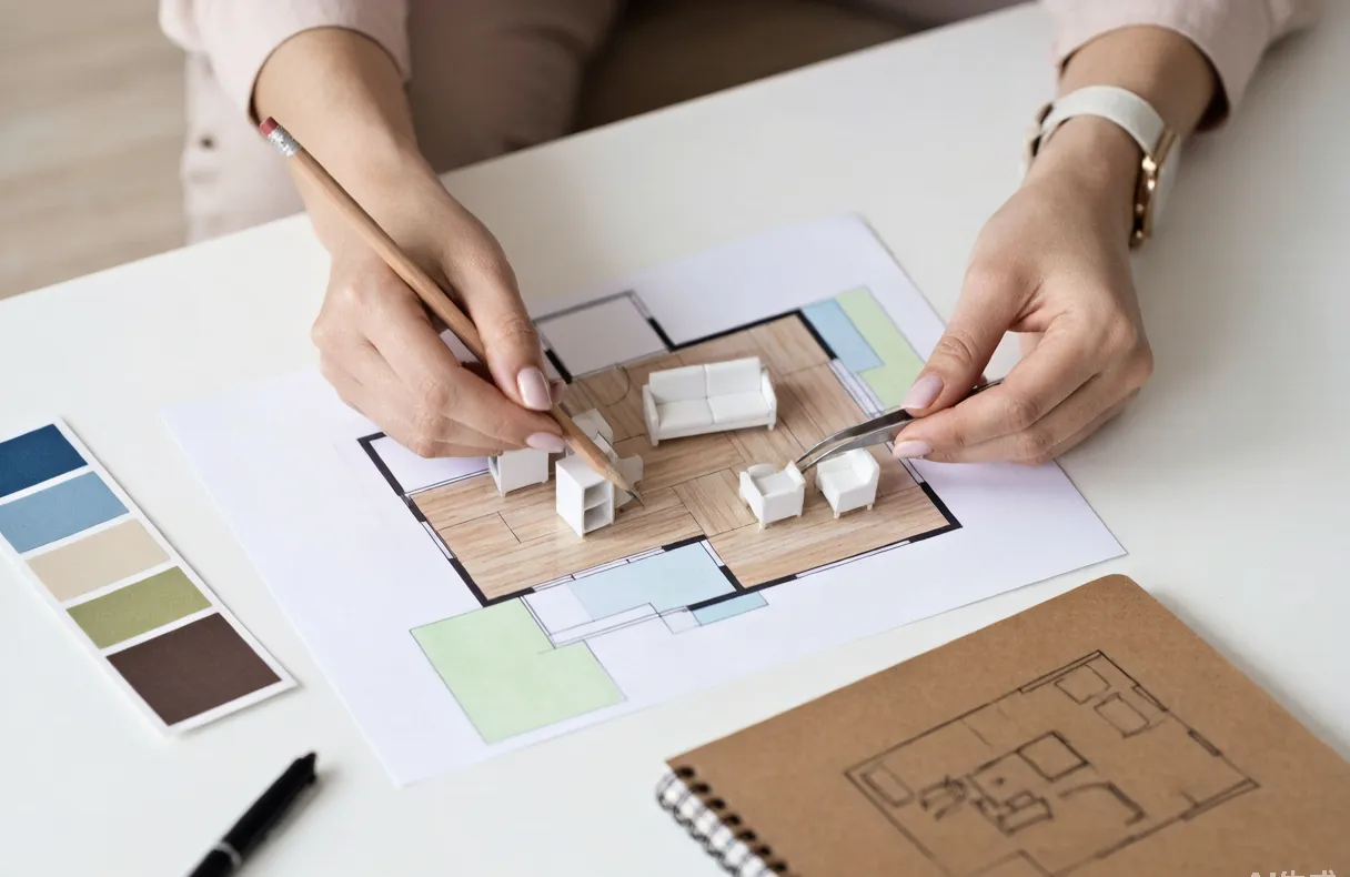 Person planning furniture arrangement on a floor plan