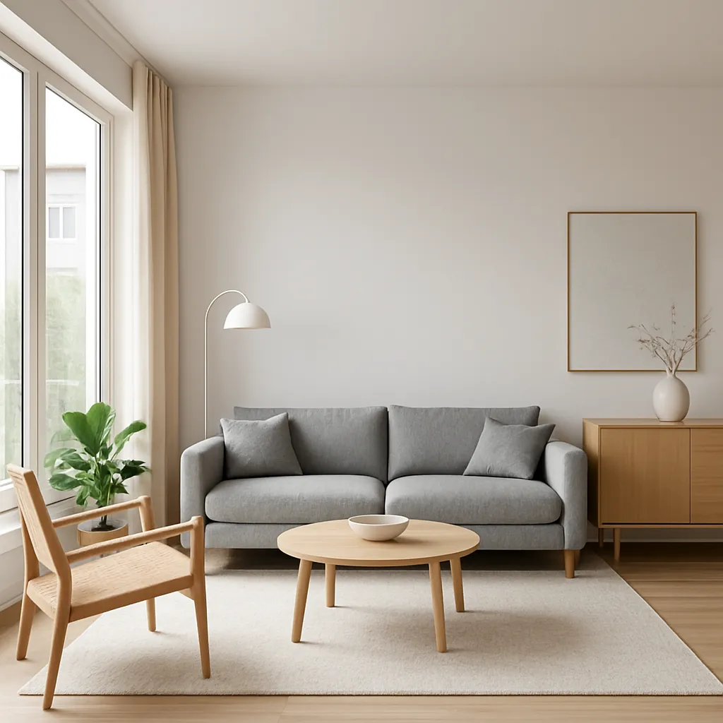 Modern minimalist living room rendered from a floor plan