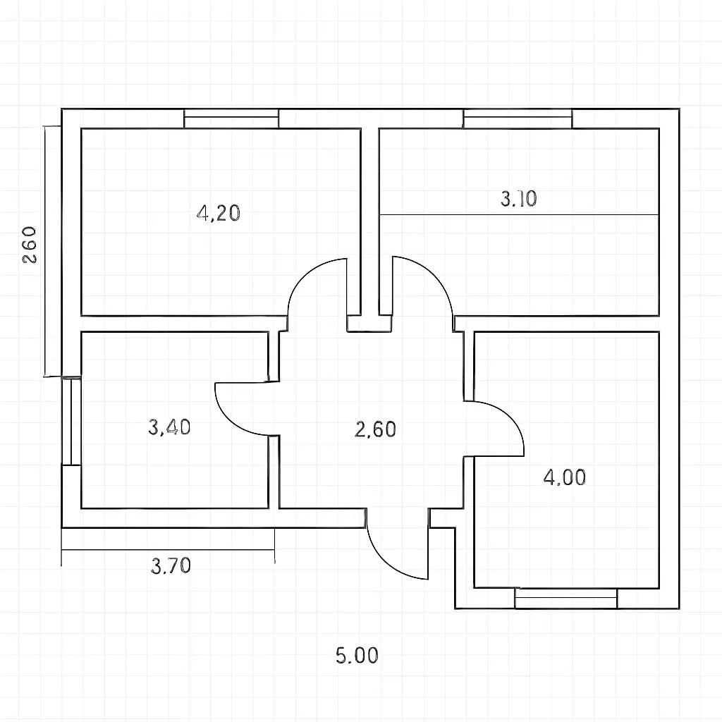 Two-dimensional floor plan editor showing rooms with metric wall dimensions
