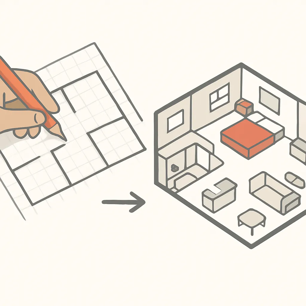 Illustration of a sketch transforming into a furnished floor plan