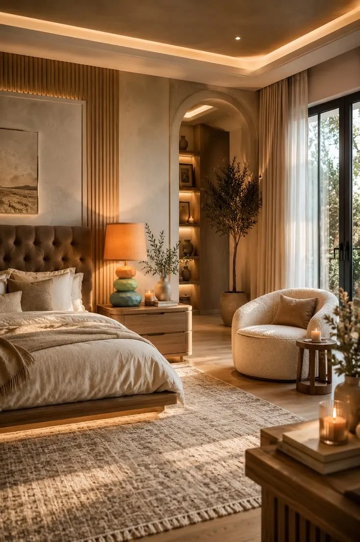 Warm Luxury Bedroom with Tufted Headboard & Armchair