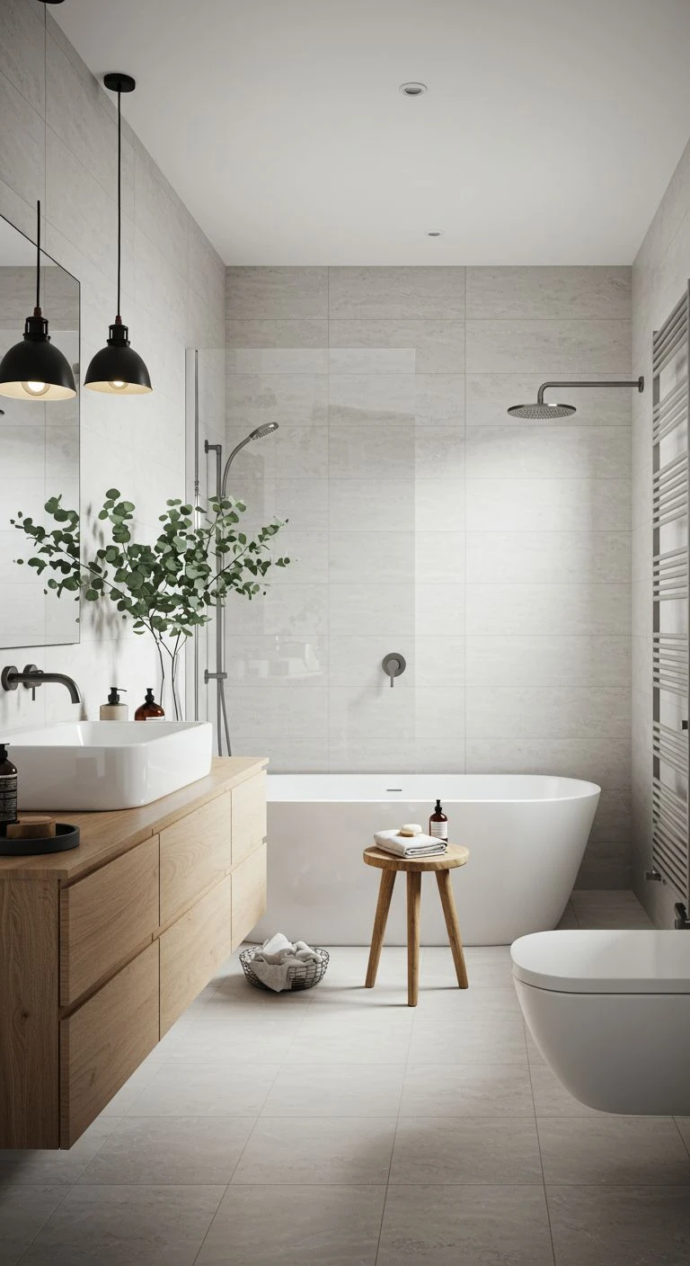 Clean white minimalist bathroom tiles