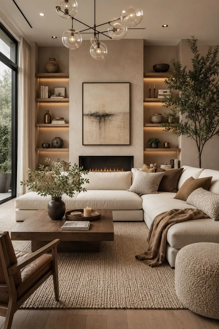 Stylish Minimalist Living Room with Modern Chandelier