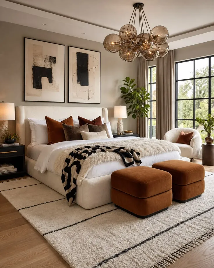 Cozy Modern Bedroom with Burnt Orange Accents
