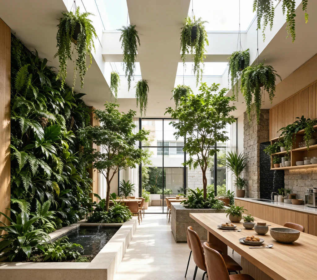 Biophilic restaurant design with a living green wall, indoor trees, and hanging greenery beneath skylights.