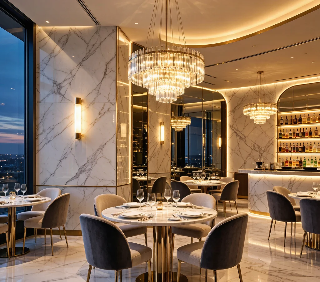 Luxury modern fine dining restaurant interior with white marble walls, gold accents, and a crystal chandelier.