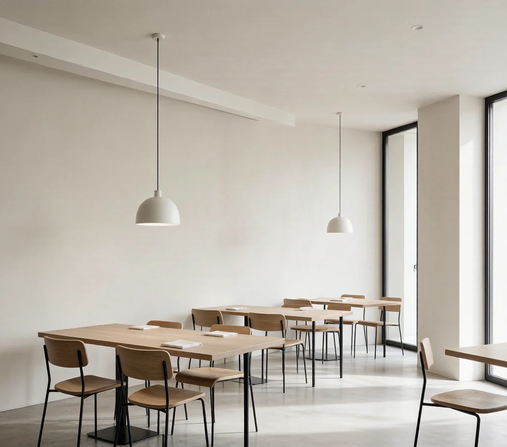 Minimalist modern restaurant interior with clean lines, neutral tones, and simple wooden tables in bright natural light.