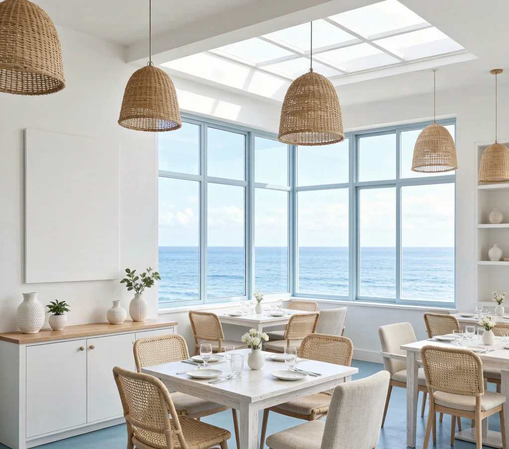 Modern coastal restaurant with light blue and white palette, rattan pendant lights, and large ocean-view windows.
