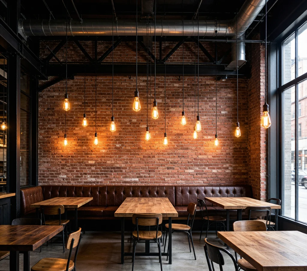 Modern industrial restaurant design with exposed brick walls and Edison bulb pendant lighting in an urban loft setting.