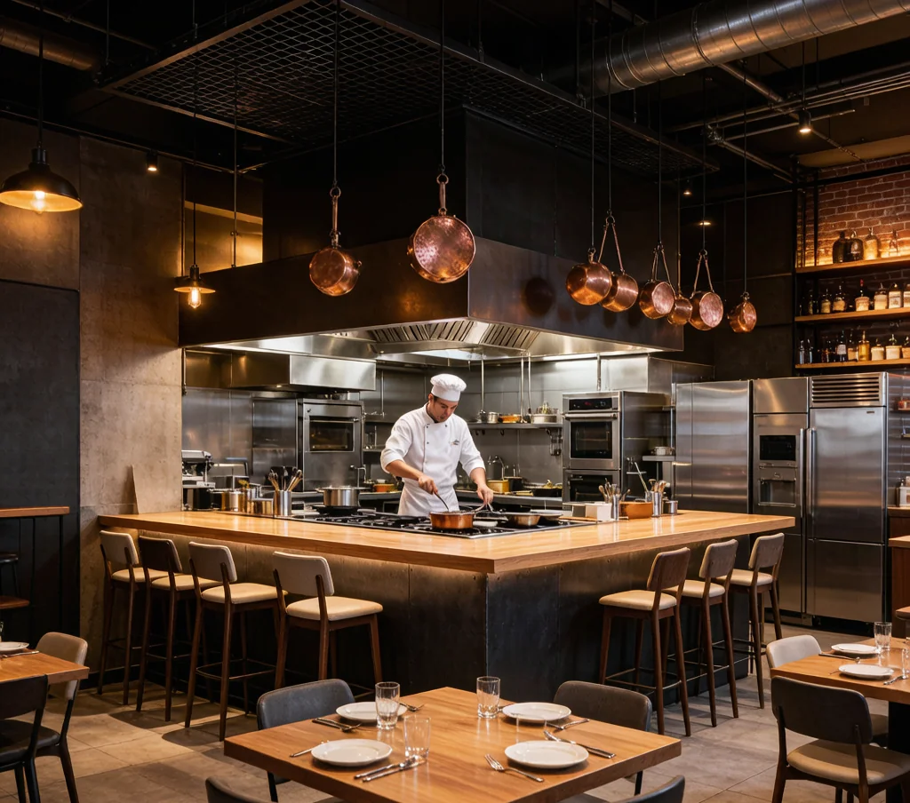 Modern restaurant open kitchen design with chef counter seating and visible stainless steel cooking stations.