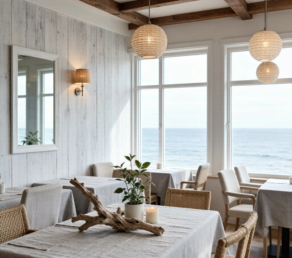 Scandinavian coastal dining space with soft blue-grey tones, driftwood accents, and a light breezy seaside mood.