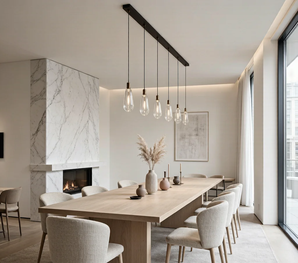 Scandinavian fine dining restaurant with a long communal table, minimalist pendants, and refined marble accents.