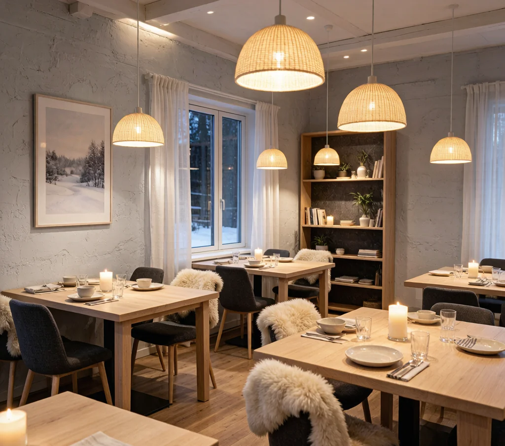 Hygge Scandinavian dining room with warm candlelight, pale oak furniture, and soft sheepskin chair throws.