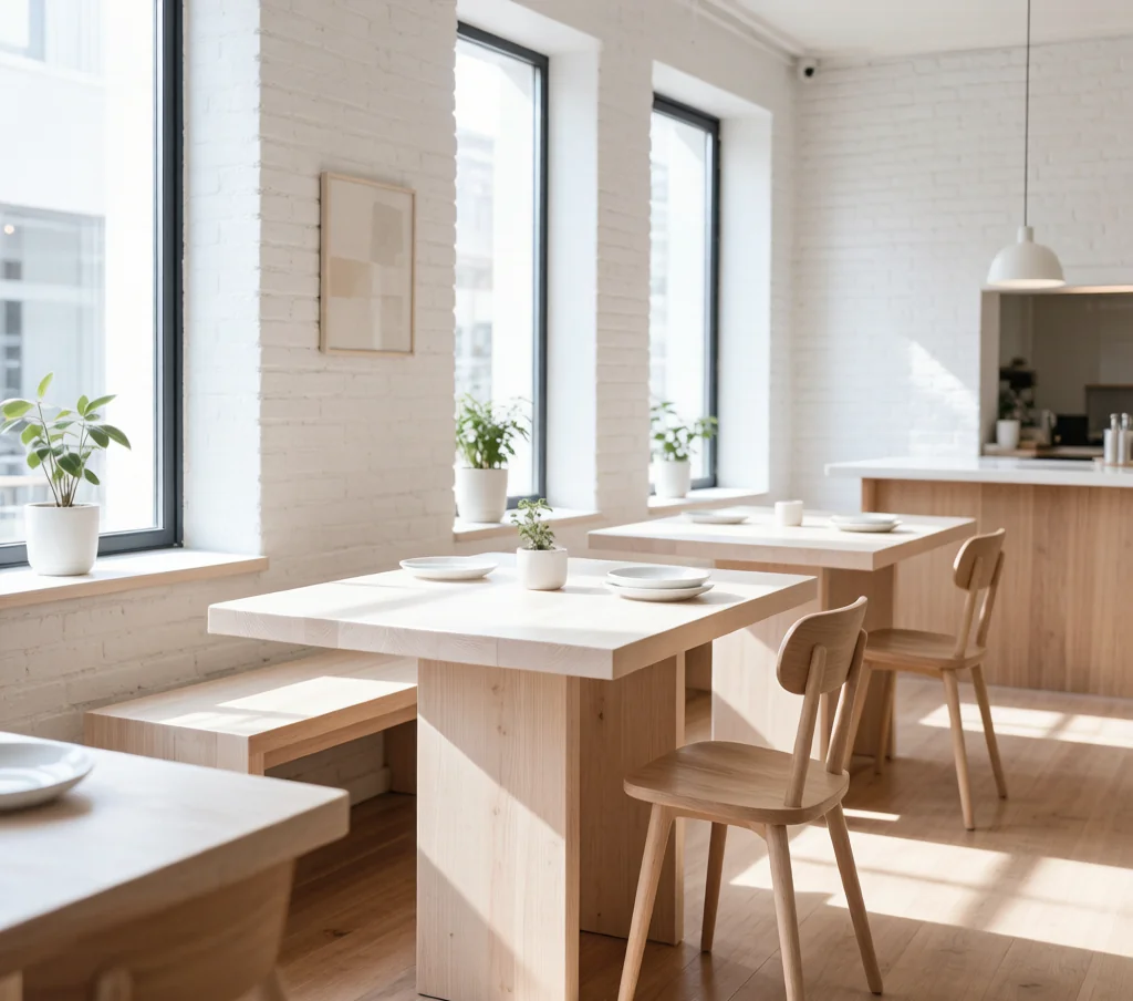 Light wood Scandinavian restaurant interior with pale birch tables, white walls, and large daylight windows.