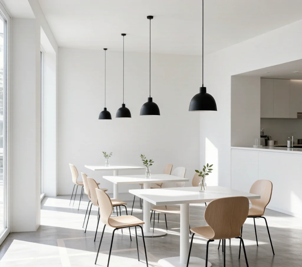 Minimalist Nordic café with white surfaces, simple seating, and matte black pendant lights in a bright airy space.