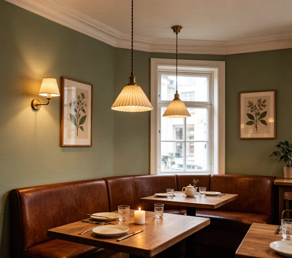 Nordic bistro interior with sage green walls, Danish pendant lights, and cognac leather banquette seating.