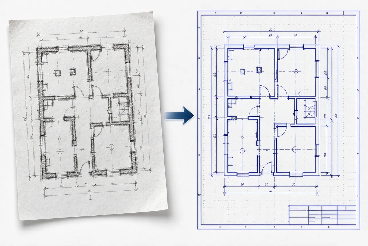 Hand-drawn sketch converted into a precise AutoCAD DXF file